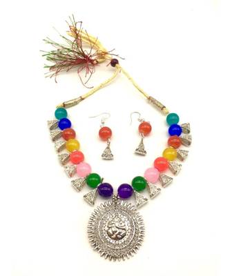 Women'S Temple Jewellery Set Oxidised Silver Plated Necklace Earrings Sets With Ganesh Ji Pendent Multicolor Beads 2