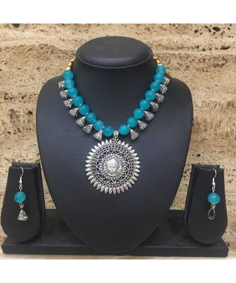 Women'S Temple Jewellery Set Traditional Oxidised Silver Plated Necklace Earrings Sets With Laxmi Pendent Blue Beads 1