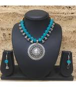 Women'S Temple Jewellery Set Traditional Oxidised Silver Plated Necklace Earrings Sets With Laxmi Pendent Blue Beads