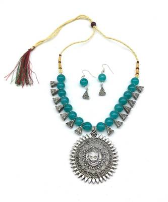 Women'S Temple Jewellery Set Traditional Oxidised Silver Plated Necklace Earrings Sets With Laxmi Pendent Blue Beads 2