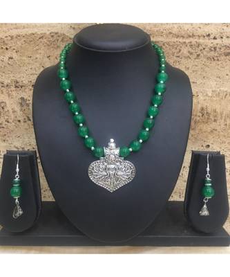 Women'S Jewellery Set Traditional Oxidised Silver Plated Necklace Earrings Sets With Peacock Pendent Green Beaded Chain 1