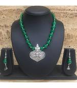 Women'S Jewellery Set Traditional Oxidised Silver Plated Necklace Earrings Sets With Peacock Pendent Green Beaded Chain