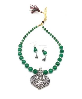 Women'S Jewellery Set Traditional Oxidised Silver Plated Necklace Earrings Sets With Peacock Pendent Green Beaded Chain 2