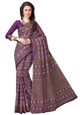 Women's Purple & Beige Cotton Printed Saree With Blouse Piece 1