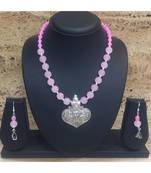 Women'S Jewellery Set Traditional Oxidised Silver Plated Necklace Earrings Sets With Peacock Pendent Pink Beaded Chain