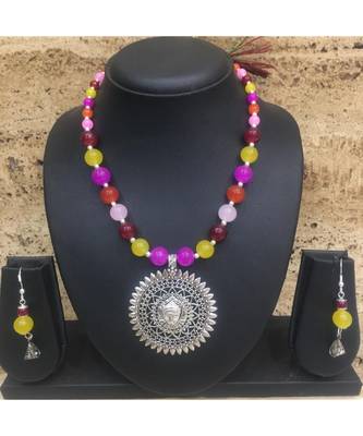 Women'S Temple Jewellery Sets Traditional Oxidised Silver Plated Necklace Earrings With Laxmi Pendent Multicolor Beads 1