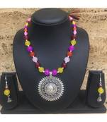 Women'S Temple Jewellery Sets Traditional Oxidised Silver Plated Necklace Earrings With Laxmi Pendent Multicolor Beads