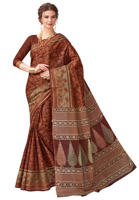 Women's Brown & Beige Cotton Printed Saree With Blouse Piece 1
