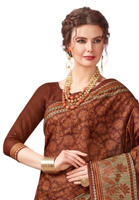 Women's Brown & Beige Cotton Printed Saree With Blouse Piece 2
