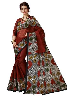 Women's Red & Black Cotton Printed Saree With Blouse Piece 1
