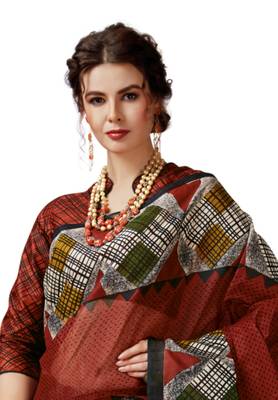 Women's Red & Black Cotton Printed Saree With Blouse Piece 2
