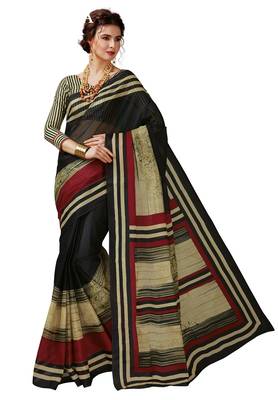 Women's Black & Beige Cotton Printed Saree With Blouse Piece 1