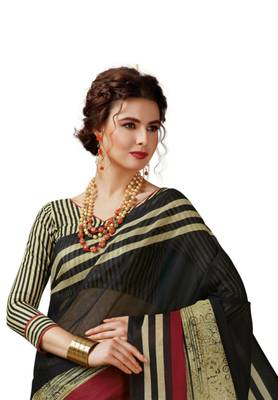 Women's Black & Beige Cotton Printed Saree With Blouse Piece 2