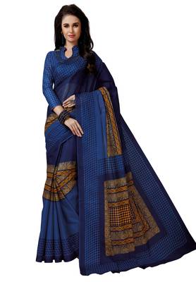 Women's Dark Blue & Orange Cotton Printed Saree With Blouse Piece 1