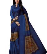 Women's Dark Blue & Orange Cotton Printed Saree With Blouse Piece