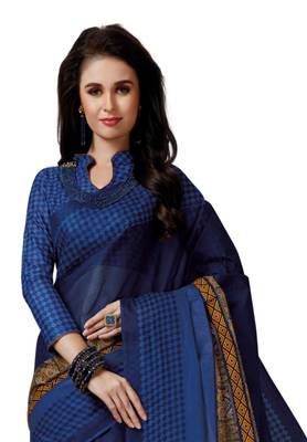 Women's Dark Blue & Orange Cotton Printed Saree With Blouse Piece 2