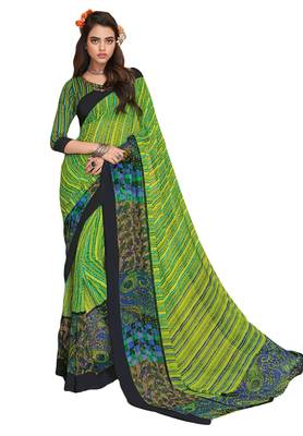 Women's Green & Black Georgette Printed Saree With Blouse Piece 1