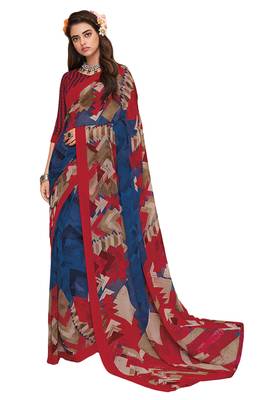 Women's Blue & Red Georgette Printed Saree With Blouse Piece 1
