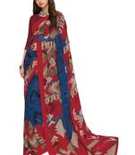 Women's Blue & Red Georgette Printed Saree With Blouse Piece