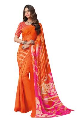 Women's Orange & Pink Georgette Printed Saree With Blouse Piece 1
