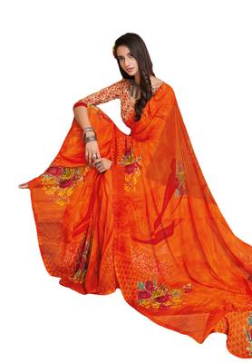 Women's Orange Georgette Printed Saree With Blouse Piece 1