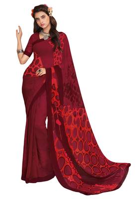 Women's Wine & Red Georgette Printed Saree With Blouse Piece 1