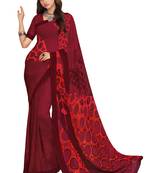 Women's Wine & Red Georgette Printed Saree With Blouse Piece