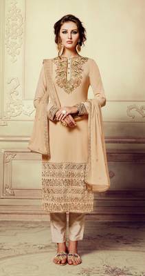Beige Embroidered Georgette Semi Stitched Salwar With Dupatta 1