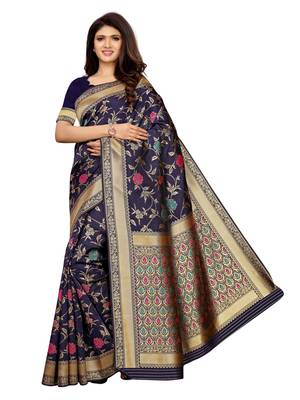 Navy blue woven poly silk saree with blouse 1