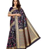 Navy blue woven poly silk saree with blouse
