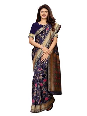 Navy blue woven poly silk saree with blouse 2