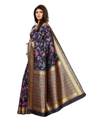 Navy blue woven poly silk saree with blouse 3