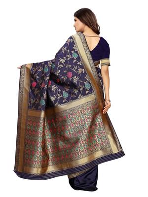 Navy blue woven poly silk saree with blouse 4