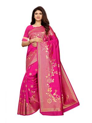 Pink woven poly silk saree with blouse 1
