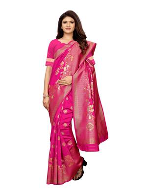 Pink woven poly silk saree with blouse 2