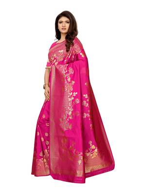 Pink woven poly silk saree with blouse 3