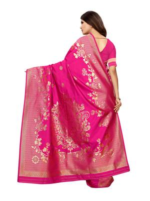 Pink woven poly silk saree with blouse 4