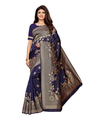 Navy blue woven poly silk saree with blouse 1