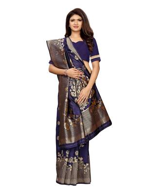 Navy blue woven poly silk saree with blouse 2