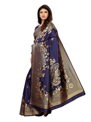 Navy blue woven poly silk saree with blouse 3