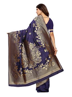 Navy blue woven poly silk saree with blouse 4
