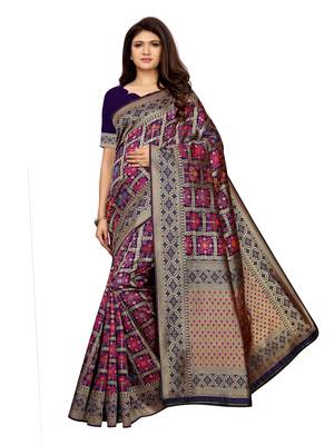 Navy Blue Woven Poly Silk Saree With Blouse 1