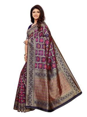 Navy Blue Woven Poly Silk Saree With Blouse 3