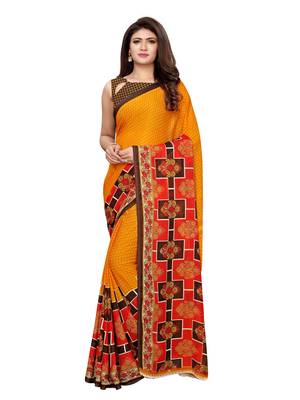 Yellow Printed Georgette Saree With Blouse 1