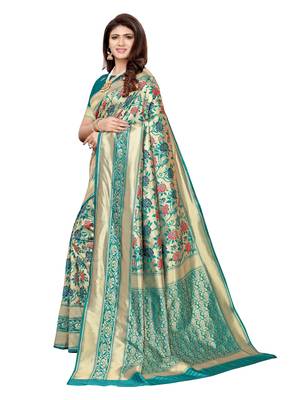 Turquoise Woven Poly Silk Saree With Blouse 2