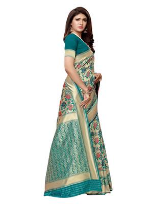 Turquoise Woven Poly Silk Saree With Blouse 3