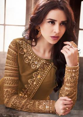 Brown Embroidered Satin Semi Stitched Salwar With Dupatta 2