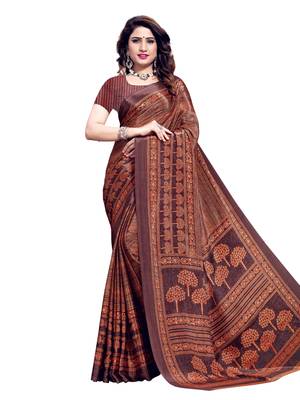 Brown printed crepe saree with blouse 1