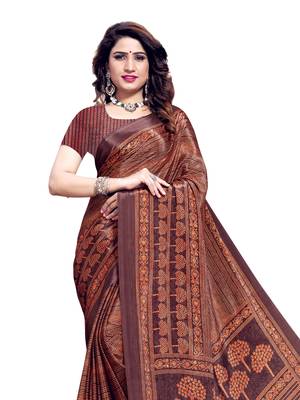 Brown printed crepe saree with blouse 2