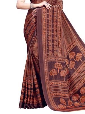 Brown printed crepe saree with blouse 3
